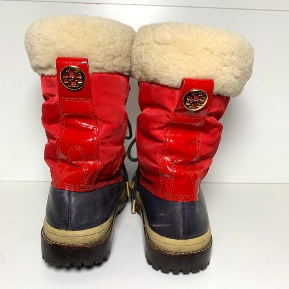 Tory Burch Duck Rain Lace Up Waterproof Boots Navy Red 5 - Picture 7 of 9